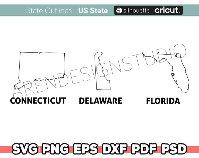 May include: Black and white outline illustrations of the states of Connecticut, Delaware, and Florida. The state names are labeled below each outline.