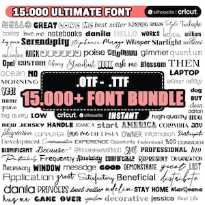 May include: A digital design featuring a font bundle with the text "15,000+ FONT BUNDLE" in a black and pink design. The image includes various font styles and the words "silhouette" and "cricut".