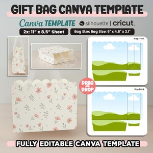 以下が含まれることがあります： 花柄デザインのギフトバッグCanvaテンプレート。 テンプレートには、2x 27.9 cm x 21.6 cmのシートと、15.2 cm x 12.2 cm x 5.3 cmのバッグサイズが含まれています。 デザインはスカラップエッジとテキスト「FULLY EDITABLE CANVA TEMPLATE」が特徴です。