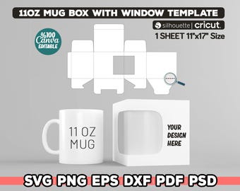 11oz Mug Box Template, Mug Box Svg For Cricut, Mug Box with Window Template, Mug Gift Box, Instant Download, Dxf, Eps, Pdf
