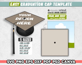 Modello di cappello di laurea facile Svg, modello di cappello di laurea di 5 dimensioni, modello vuoto, Canva modificabile, Svg per Cricut, regalo di laurea, istantaneo