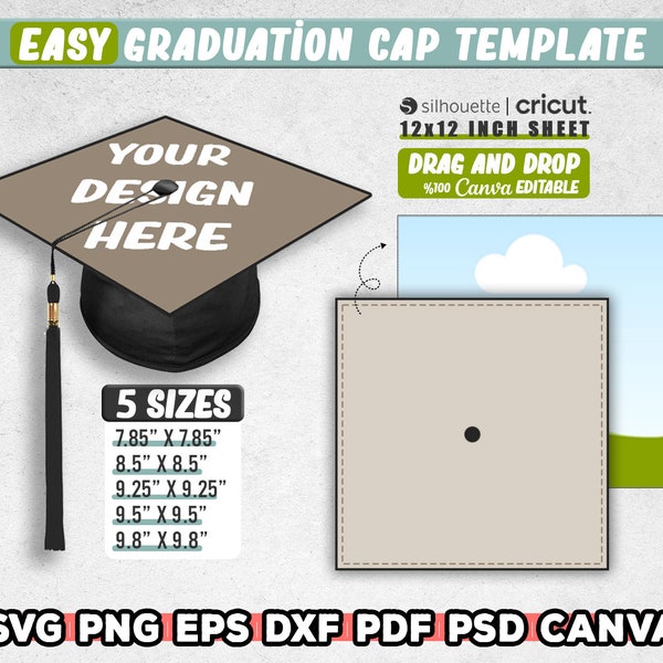 Easy Graduation Cap Template Svg, 5 Size Graduation Hat Template, Blank Template, Editable Canva, Svg For Cricut, Graduation Gift, Instant