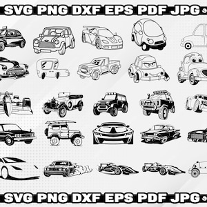 May include: A collection of 20 black and white car silhouette illustrations. The illustrations include a variety of car types, including a taxi, a classic car, a pickup truck, a race car, a sports car, and a van.