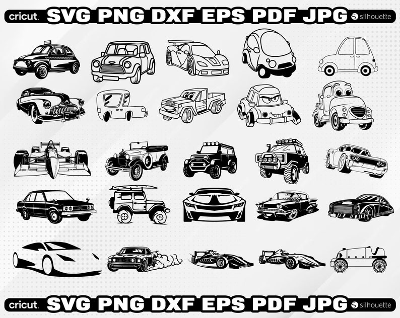 May include: A collection of 20 black and white car silhouette illustrations. The illustrations include a variety of car types, including a taxi, a classic car, a pickup truck, a race car, a sports car, and a van.