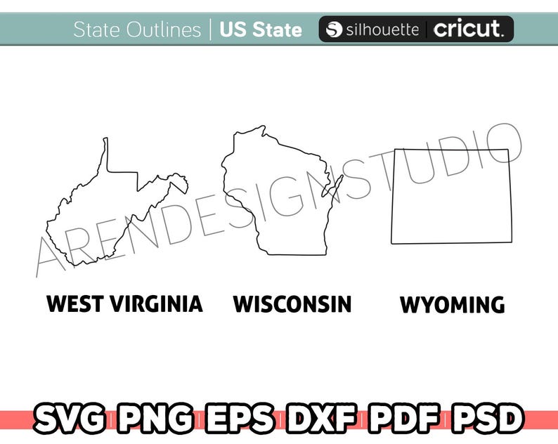 May include: Outline maps of West Virginia, Wisconsin, and Wyoming. The maps are black and white and are labeled with the state names.