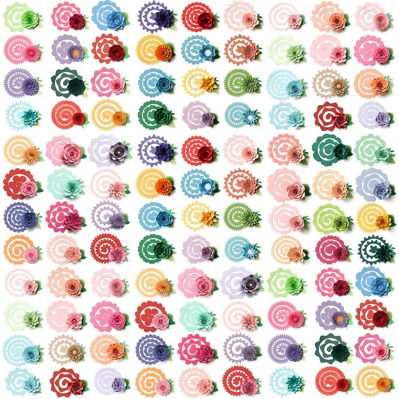 May include: A collection of colorful paper flower embellishments in various shapes and sizes. The flowers feature spiral and rosette designs in shades of red, pink, blue, green, and yellow. These decorative elements are ideal for crafting and scrapbooking.