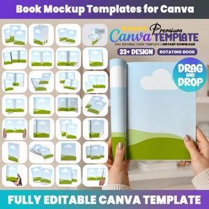 May include: A digital collection of book mockup templates for Canva, featuring over 33 designs. The display shows various book orientations, including open, closed, and stacked layouts, all showcasing a landscape graphic with a blue sky and green hills.