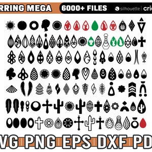 May include: A digital download of over 6,000 earring designs in SVG, PNG, EPS, DXF, and PDF formats. The designs are black and white and feature a variety of shapes, including geometric, floral, and abstract.
