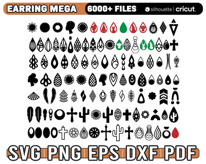 May include: A digital download of over 6,000 earring designs in SVG, PNG, EPS, DXF, and PDF formats. The designs are black and white and feature a variety of shapes, including geometric, floral, and abstract.