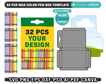 Plantilla de caja de regalo de pluma de color de cera de 32 piezas, plantilla de caja de crayón de 32 piezas svg, plantilla de Canva editable, caja de crayón de cera svg, png, descarga instantánea