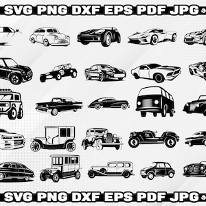 May include: A collection of 25 black and white car silhouette illustrations. The illustrations include a variety of car types, including classic cars, sports cars, and SUVs.