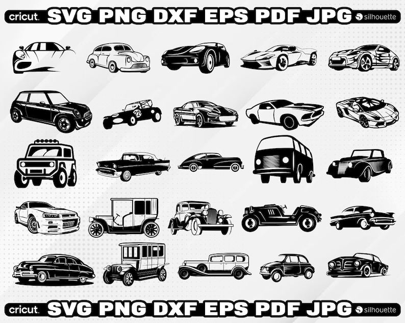 May include: A collection of 25 black and white car silhouette illustrations. The illustrations include a variety of car types, including classic cars, sports cars, and SUVs.