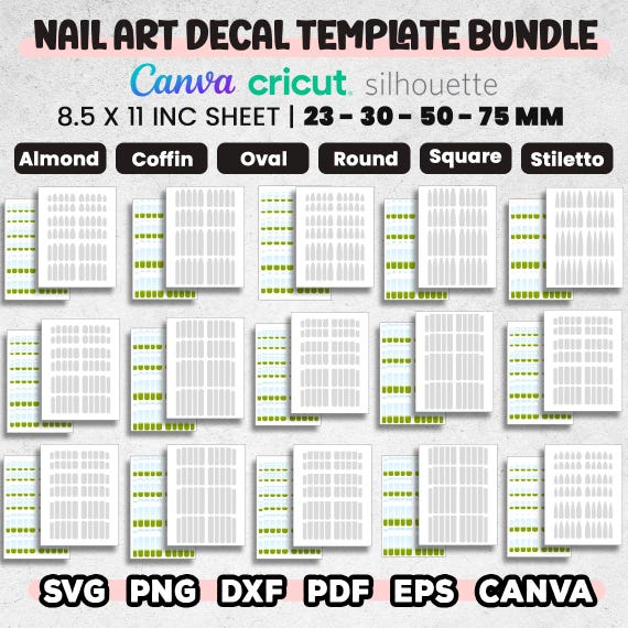 Nail Art Decal Template Mega, Oval, Square, Coffin, Stiletto Nail Decal Template, Waterslide Nail Art, 23-30-50-75mm, Canva, Download Now