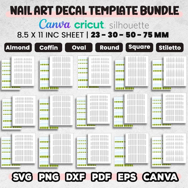 Nail Art Decal Template Mega, Oval, Square, Coffin, Stiletto Nail Decal Template, Waterslide Nail Art, 23-30-50-75mm, Canva, Download Now