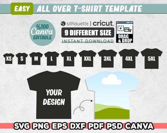 All Over T-shirt Template, Size Tshirt Template Bundle, T-shirt