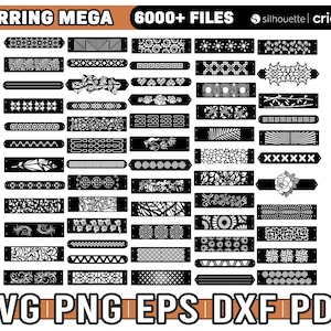May include: A digital download of 6000+ earring designs in SVG, PNG, EPS, DXF, and PDF formats. The designs are black and white and feature a variety of geometric and floral patterns. The image text reads "EARRING MEGA 6000+ FILES silhouette cricut. SVG PNG EPS DXF PDF"