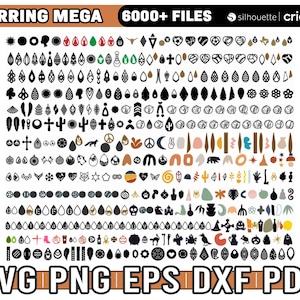 May include: A digital download of over 6,000 earring designs in SVG, PNG, EPS, DXF, and PDF formats. The designs are black and white and feature a variety of shapes, including hearts, stars, flowers, and geometric patterns. The designs are perfect for creating custom earrings for yourself or to sell.
