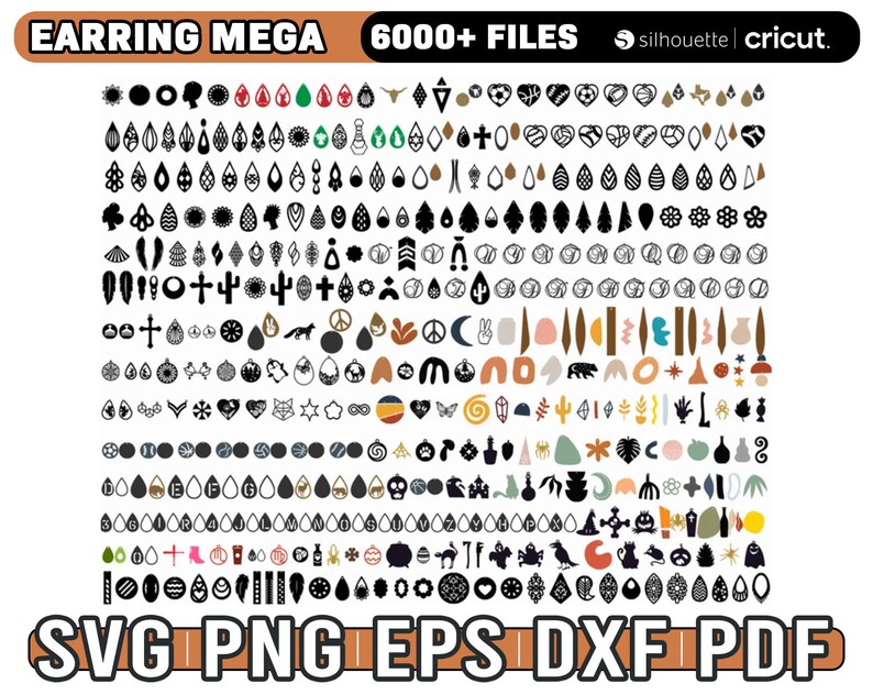 May include: A digital download of over 6,000 earring designs in SVG, PNG, EPS, DXF, and PDF formats. The designs are black and white and feature a variety of shapes, including hearts, stars, flowers, and geometric patterns. The designs are perfect for creating custom earrings for yourself or to sell.