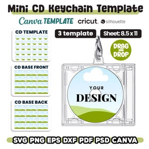 May include: A clear plastic mini CD keychain template with a silver clasp. The design includes a circular insert with the words "YOUR DESIGN" and a landscape graphic. The image also shows templates for CD design and the text "SVG PNG EPS DXF PDF PSD CANVA".