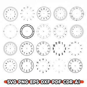 Pu&ograve; includere: Una collezione di quadranti di orologio in bianco e nero, con numeri romani e arabi. L'immagine presenta diversi stili di font e layout. Il testo "SVG PNG EPS DXF PDF CDR AI" &egrave; incluso.
