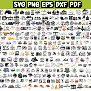 May include: A collection of 100 camping-themed SVG cut files. The designs feature various camping-related phrases and images, including mountains, trees, tents, and campfires. The text includes phrases like "Camping Squad", "Queen of the Campfire", and "Adventure Awaits".