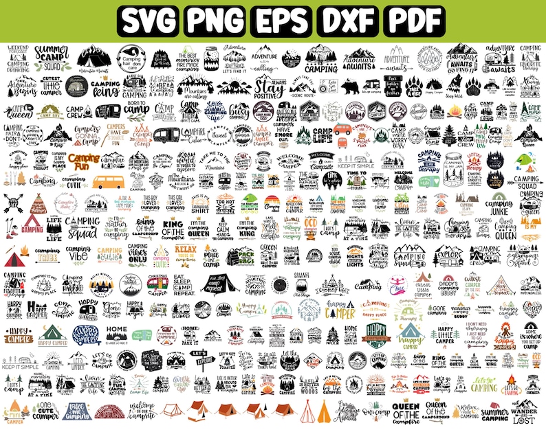 May include: A collection of 100 camping-themed SVG cut files. The designs feature various camping-related phrases and images, including mountains, trees, tents, and campfires. The text includes phrases like "Camping Squad", "Queen of the Campfire", and "Adventure Awaits".