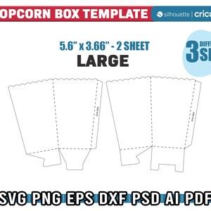 May include: A printable template for a large popcorn box, measuring 5.6 inches by 3.66 inches. The template is designed to be printed on two sheets of paper and can be used to create a popcorn box for a movie night or other special occasion.