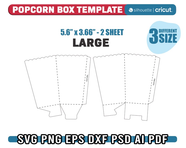 May include: A printable template for a large popcorn box, measuring 5.6 inches by 3.66 inches. The template is designed to be printed on two sheets of paper and can be used to create a popcorn box for a movie night or other special occasion.