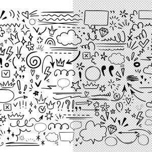 May include: A collection of hand-drawn black doodle elements on a white and transparent background. Includes arrows, speech bubbles, stars, crowns, hearts, and other decorative shapes. Perfect for digital design and scrapbooking.