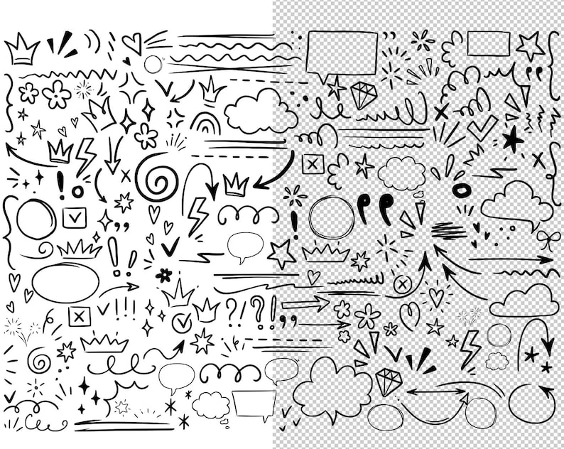 May include: A collection of hand-drawn black doodle elements on a white and transparent background. Includes arrows, speech bubbles, stars, crowns, hearts, and other decorative shapes. Perfect for digital design and scrapbooking.