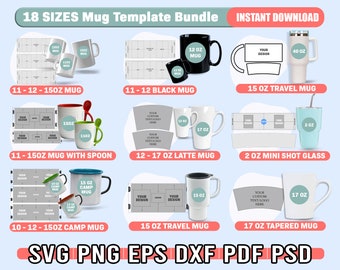 18 Size Mug Template Svg, Sublimation Tumbler Bundle, Full Wrap Template, Svg For Cricut,  Coffee Mug Template, Instant Download