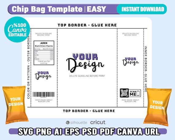Easy Chip Bag Template, Canva Editable Blank Chip Bag, Party Chip Bag Label, Blank Chip Bag, Template For Cricut, Editable, Instant Download