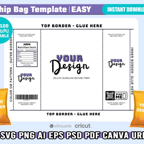 Easy Chip Bag Template, Canva Editable Blank Chip Bag, Party Chip Bag Label, Blank Chip Bag, Template For Cricut, Editable, Instant Download