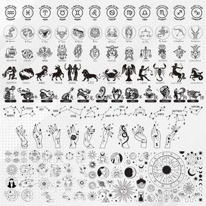 May include: Black and white illustrations of zodiac signs, constellations, and hands with celestial symbols. The illustrations are on a white background with a subtle dotted pattern.
