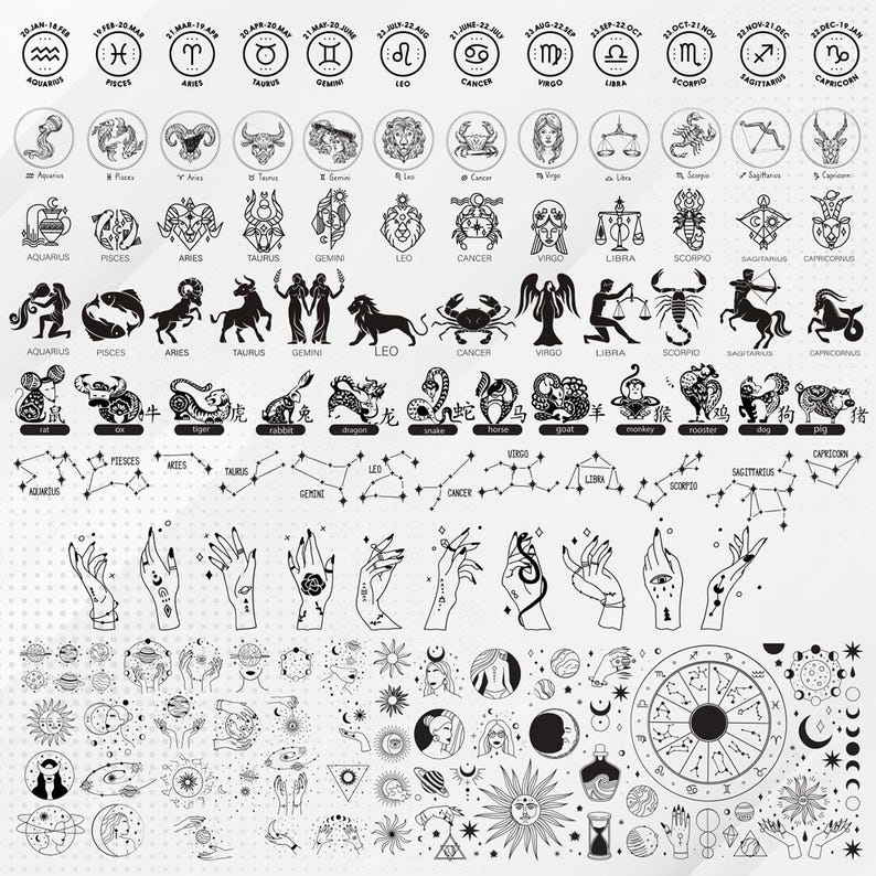 May include: Black and white illustrations of zodiac signs, constellations, and hands with celestial symbols. The illustrations are on a white background with a subtle dotted pattern.