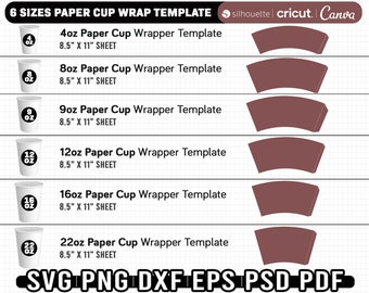6 Größen Papier Cup Wrapper Vorlage, Bundle Cup Wrapper Vorlage, Papierkaffeetasse Vorlage, 4 Unze - 8 Unze - 9 Unze - 12 Unze - 16 Unze - 22 Unze Vorlage