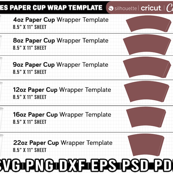 6 Größen Papier Cup Wrapper Vorlage, Bundle Cup Wrapper Vorlage, Papierkaffeetasse Vorlage, 4 Unze - 8 Unze - 9 Unze - 12 Unze - 16 Unze - 22 Unze Vorlage