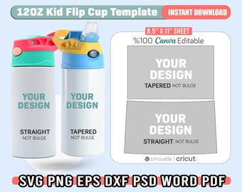 12oz Kids Tumbler Wrap Template, 12 oz Flip Top Kids Water Bottle Template, Tapered and Straight, Sublimation Template, Svg For Cricut