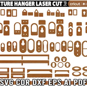 May include: A digital design sheet with various shapes and sizes of picture hangers for laser cutting. The designs include rectangular, oval, and triangular shapes. The text "SVG CDR DXF EPS AI PDF" is at the bottom of the sheet.