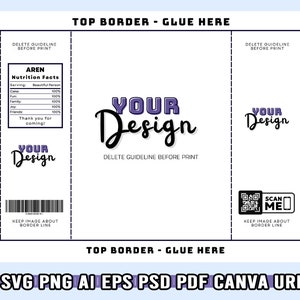 May include: A printable template for a food packaging label with a purple and white design. The template includes a nutrition facts section, a space for a QR code, and the text "Your Design".