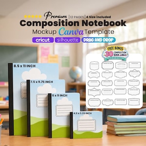 May include: A digital mockup template for composition notebooks featuring four sizes: 8.5 x 11 inch, 7.5 x 9.75 inch, 6 x 9 inch, and 4.5 x 3.25 inch. The notebooks have a blue sky and green hill cover design with a black spine and a bonus sheet of 30 labels.