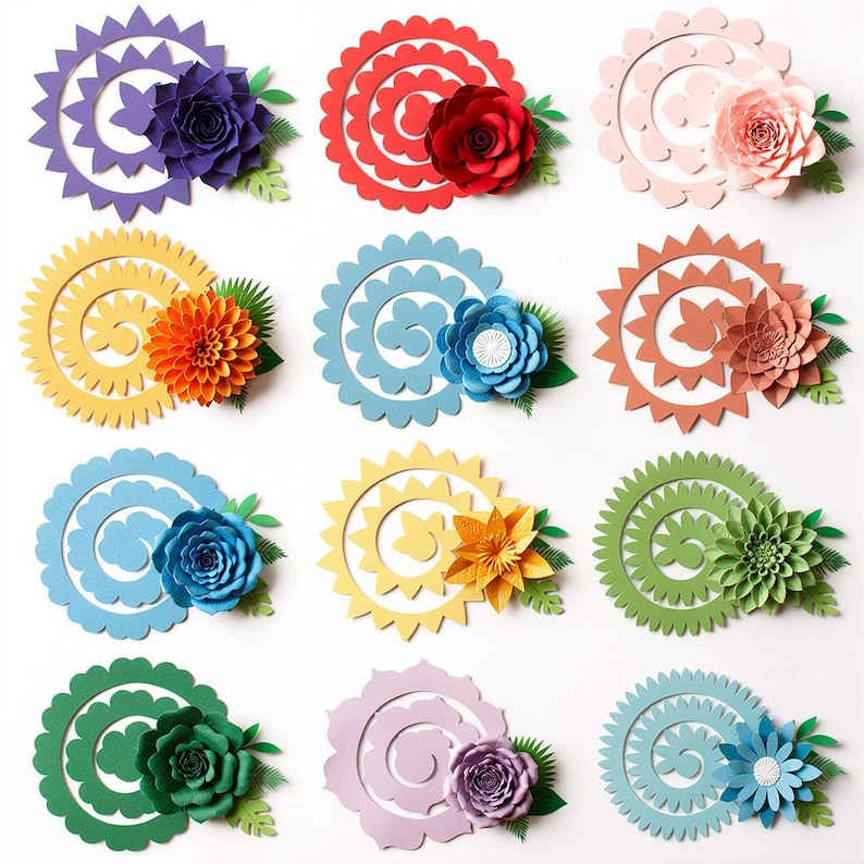 May include: A collection of colorful paper flowers, each with a unique spiral design and a central floral element. The flowers are in various colors, including purple, red, pink, yellow, blue, and green, with green leaf accents.