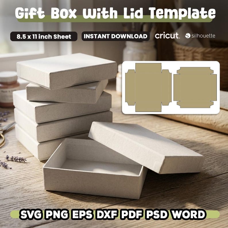 Modello per scatola regalo con coperchio, file di taglio per scatole, scatola quadrata SVG, modello per scatola per orecchini, scatola regalo, scatola cubica, svg SVG per Cricut, DXF taglio laser immagine 1
