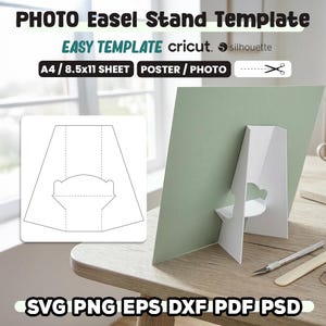 Könnte beinhalten: Eine Foto-Staffelei-Standvorlage mit dem Text "PHOTO Easel Stand Template" und "EASY TEMPLATE". Das Design umfasst ein grünes Poster und einen weißen Ständer. Die Vorlage ist für A4/8,5x11-Blatt-Poster und Fotos. Das Bild enthält auch die Dateitypen SVG, PNG, EPS, DXF, PDF und PSD.