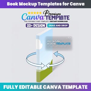 May include: A digital book mockup template for Canva featuring the text Book Mockup Templates for Canva, Premium Canva Template, 33+ Design, Drag and Drop, and Rotating Book Template. The graphic shows a vertical book with a sky and landscape cover.