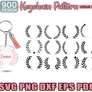 May include: A black and white digital design of 18 different wreath patterns. The wreaths are made of simple leaf shapes and are perfect for creating custom keychains. The design is labeled "Keychain Pattern" and includes the text "SVG PNG DXF EPS PDF".