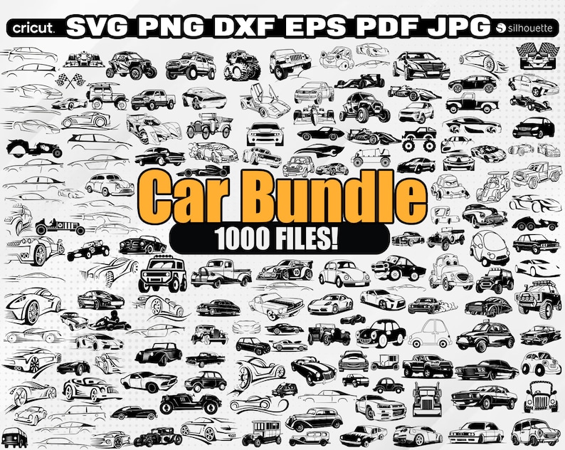May include: A large collection of 1000 black and white car silhouette illustrations. The image shows a variety of car types, including classic cars, sports cars, trucks, and SUVs. The text "Car Bundle 1000 Files!" is displayed in the center of the image.