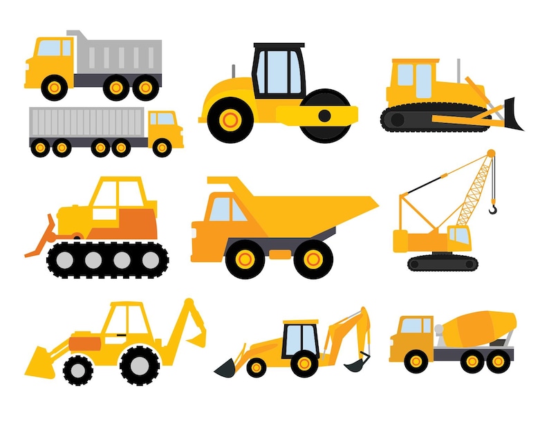 Puede incluir: Un conjunto de nueve veh&iacute;culos de construcci&oacute;n amarillos, que incluyen un cami&oacute;n volquete, una excavadora, una retroexcavadora, una gr&uacute;a, una mezcladora de cemento, un rodillo y un tractor. Todos los veh&iacute;culos son ilustraciones de estilo de dibujos animados.
