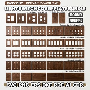 以下が含まれることがあります： さまざまなスタイルの木製ライトスイッチカバープレートのコレクション。コンボ、ケーブル、トグル、デコラロッカー、デュプレックスアウトレット、ブランク、穴なしプレートが含まれます。「EASY CUT INSTANT DOWNLOAD」のテキストとファイルタイプのオプションが含まれています。
