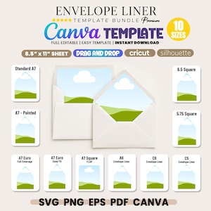 May include: Envelope liner template bundle for Canva featuring 10 sizes including A7, 6.5 Square, 5.75 Square, A7 Euro, A7 Square, A6, C6, and C5. Includes SVG, PNG, EPS, PDF, and Canva formats for 8.5 inch by 11 inch sheets, compatible with Cricut and Silhouette.